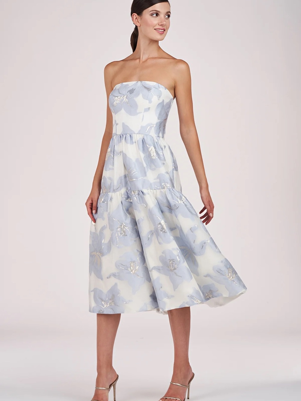 Cassie Midi Dress- Kay Unger Strapless Floral  in Light Blue, White and Gold